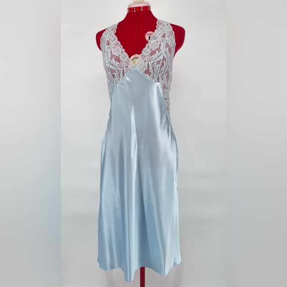 Vintage Other - Icy Blue Lacey Satin Midi Length Slip Nightgown With Sheer Lace Panels